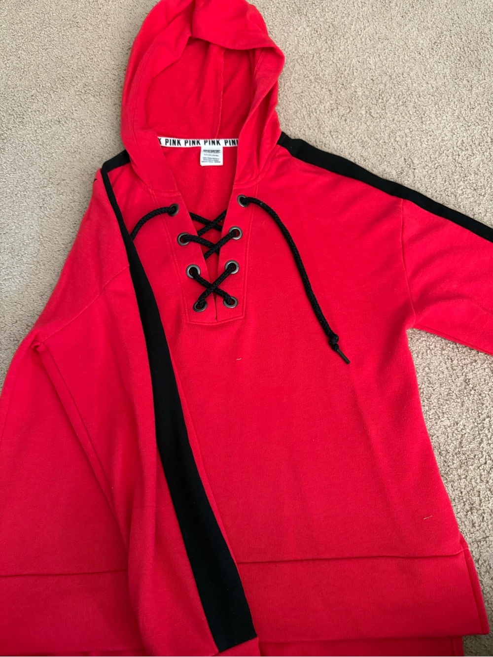 PINK Victoria's Secret Red Hooded Lace-Up Sweater with Black Trim